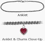 10 Karat White Gold 9Curb Style Red Stone Heart Charm Anklet