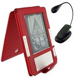 Red Full Genuine Leather Flip Case and Book Light for Amazon Kinde 2 (Old Version) E-Reader Reading Device (Kindle NOT Included)