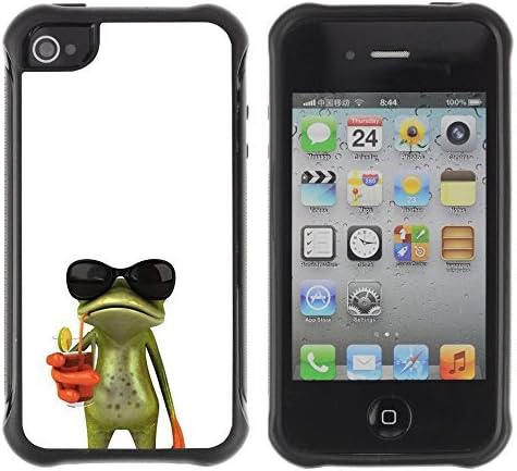 All-Round Hybrid Rubber Case Hard Cover Protective Accessory Compatible with Apple iPhone 4 &amp; 4S - sun shades sunglasses frog white drink