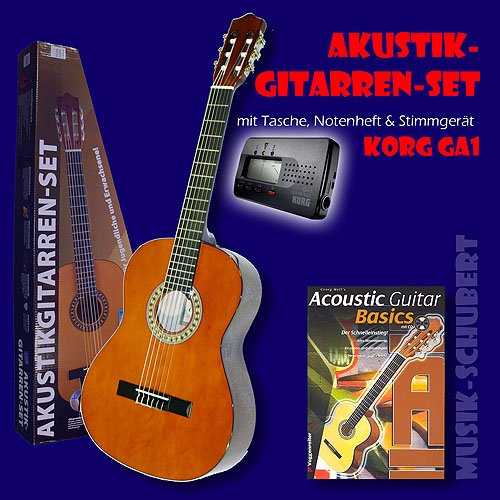 Konzertgitarre 4/4 Größe aus ausgesuchten Hölzern gefertigt im SET mit Tasche, Lernheft (+CD), KORG Stimmgerät und Plektrum – Für den perfekten Einstieg ins Gitarrespiel!