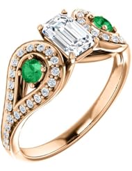 14K Rose Gold Emerald Cut Diamond and Emerald Ring -- LIFETIME WARRANTY