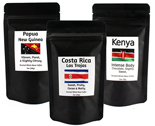Single Origin Whole Bean Coffee Sampler, Artisanal Roasted Kenya AA, Costa Rica &amp; Papua New Guinea 3-2oz packages
