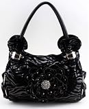 Rosette Centered Rhinestone with Silver Plates and Side Rings Zebra Shoulder Bag - Black on Black