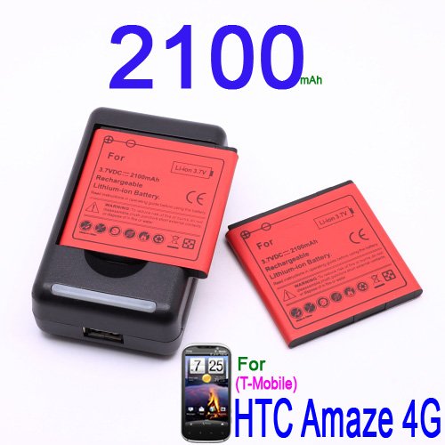 Ba2x 2100mAh battery+Travel Charger 4 T-Mobile HTC Amaze 4G 4-G Ruby Smart Phone