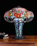 Meyda Tiffany 50352 Zinnia - Three Light Table Lamp, Mahogany Bronze Finish with Light Blue Flame Orange Pink Glass