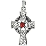 Sterling Silver Celtic High Cross Pendant w/ Single Red CZ, w/ 18" Thin Box Chain