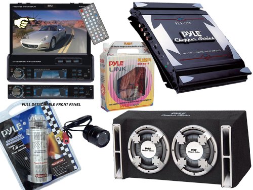 Pyle Mega Audio Video Camera Package for Car Truck SUV -- PLTS77DU 7-Inch Single-DIN In-Dash Motorized TFT LCD Touchscreen Monitor Receiver with DVD CD MP3 MP4 USB SD AM-FM RDS + PLA2200 2-Channel 1400w Bridgeable Mosfet Amplifier + PL210DS Dual 10-Inch Slim Designed Bass Box System + PLCAPE18 1.8 Farad Digital Power Capacitor + PLCM22IR Water Proof Rear View Camera with Lux Night Vision Capability + PLAM14 20 Ft. 8 Gauge 1000W Amplifier Hookup For Battery Head Unit and Speakers Installation Kit.