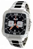 New Dolce & Gabbana D&G Men's Chronograph Steel / Rubber Bracelet Watch DW0247 Square Case, Black & Silver Date Dial, Bright Orange Hands