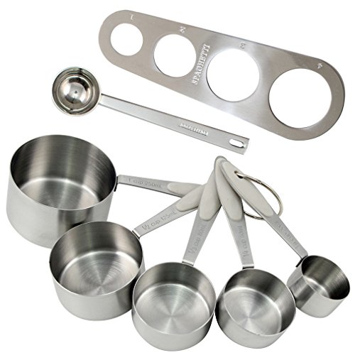 Chef elite Measuring Cups Deluxe 7 Piece Stainless Steel Set - 5 Cup Set, Spaghetti Measure, And Coffee Scoop (Light Gray)