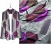 ULRIKE Oblong Crepe de Chine Silk Scarf - Pods of magenta, mauve and nutmeg flanked by patches blending purple and teal on a field of pale slate circles edged in cream.
