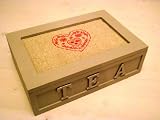 Produkt-Bild: Tea-Box - Aufbewahrungskiste f&uuml;r Tee aus Holz - in grau - mit sch&ouml;nen Stickereien - Landhaus Shabby Vintage Cotton