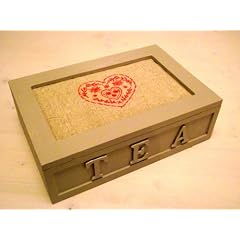 Tea-Box - Aufbewahrungskiste f�r Tee aus Holz - in grau - mit sch�nen Stickereien - Landhaus Shabby Vintage Cotton