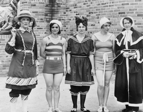 1931 photo Half century of bathing suits shown at Quota Club convention graphic. From left to right,