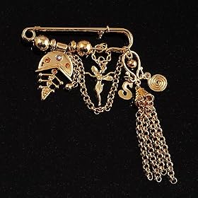 Gold Tone Citrine Crystal Fish, Tassle and Fairy Safety Pin Brooch by Avalaya