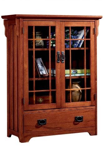 Craftsman Wide Three - shelf Bookcase With Glass Doors, 3-SHELF, DARK OAK