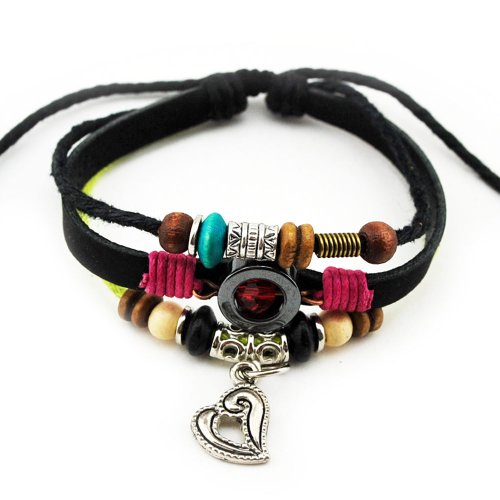 Wild Wind Unique Metal Pendant Ring & Bead Multistrand Leather Adjustable Wrap Bracelet