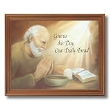 Daily Bread Old Man Praying At Dinner Table Religious Wall Picture Oak Framed Art Print