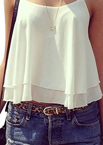 MSHI Women's Summer Spaghetti Strap Sleeveless Chiffon T-shirt Vest White L