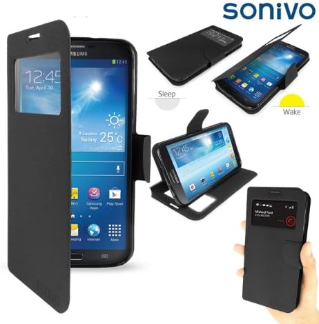 SONIVO Sneak Peek Stand Wallet Case Cover BLACK for SAMSUNG i9200 Galaxy Mega 6.3 (2013) with Built-In Stand, Magnetic Lid & Auto Sleep / Wake Sensor