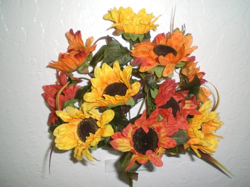 Set of 4 YELLOW ORANGE Sunflower Bushes Silk Flower
