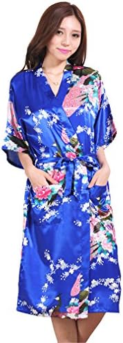 FUNG Women's Satin Floral Robe for Bride and Bridesmaid Royal Blue L