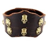 Brown Leather Bracelet with Multi Death Skull Studs