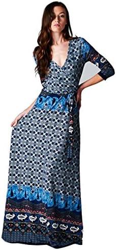 Lush Moda Maxi Wrap Dress Multi Color Paisley Border Long Sleeve Blue Small