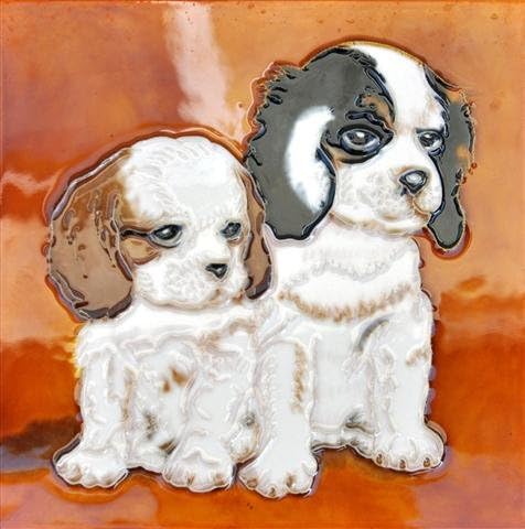 Art Center BD-0196 Two Puppies with Orange Background 8 x 8 in Ceramic Tile