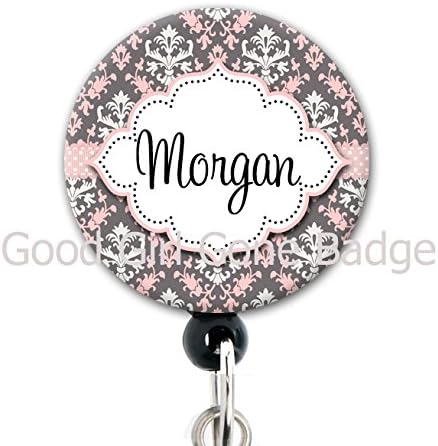 Retractable Badge Reel - Pink and Grey Damask - Personalized Name - Badge Holder