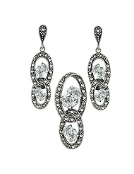 Sterling Silver Marcasite Earring Pendant Set in oval shape of Clear Color Stone Interlock