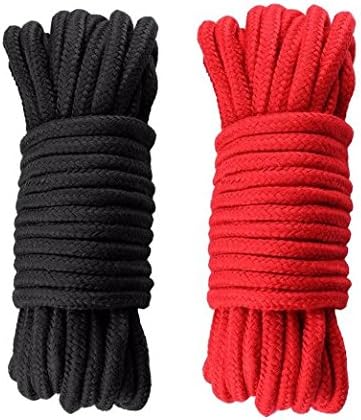 2pc Soft Cotton Rope 10m 32-Foot Soft Silk Rope Shibari SM Rope Climbing Camping Couple Sex Play Game (Black+Red)