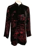 Citron Women's Vintage Clothing Rayon & Silk, Black & Red Sheer Duster Accented by Fabric Cut-Outs a Mandarin Collar and Buttoned Split Sides - Mandarin Kimono Jacket