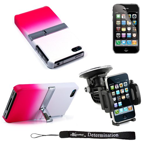 Ultimate Kickstand Stand Alone Protective Case for Apple iPhone 4 (compatible with all models of iPhone 4) + Includes an eBigValue (TM) Determination Hand Strap Key Chain + Includes Anti Glare screen protector + Includes a 360° Rotatable Windshield Mount 