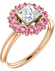 18K Rose Gold Princess Cut Diamond and Pink Sapphire Flower Inspired Ring -- LIFETIME WARRANTY