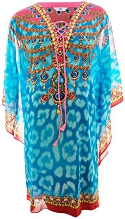 Bayside Woman's Blue Digital Print Colorful Kaftan One Size Deep Neck Lace
