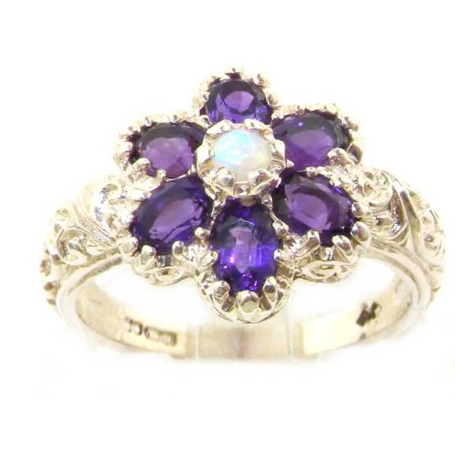 Solid English Sterling Silver Womens Fiery Opal & Amethyst Art Nouveau Flower Ring - Finger Sizes 5 to 12 Available