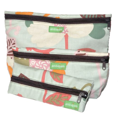 Ambajam Set of 3 Fabric Bags/Pencil and Brush Case, Zanzabelle/Brown Zipper