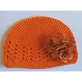 A Girl Company Tulip Orange Crochet Beanie Hat with Orange Flax Flower/Brooch for Girls and Baby