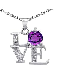 CandyGem 925 Sterling Silver Genuine Round Amethyst LOVE Pendant