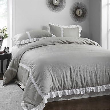 3-Piece Gray Ruffle Trim Lace Linen Duvet Cover Set , Twin