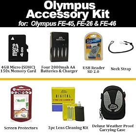 51zY8CEyQbL. SL500 AA280  Olympus FE 45 FE 26 FE 46 Accessory Kit Includes 4GB Micro SD Memory, Card Reader, AA Battery & Charger Set, Case + More