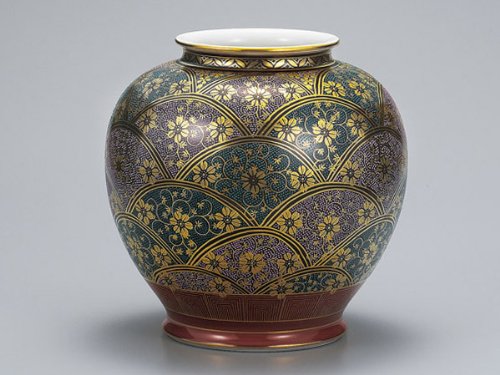 九谷焼 花瓶 本金青粒割取 9号 