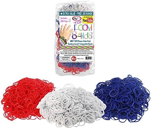 5000 pc Rubber Band Refill Mega Value Pack with Clips - 100% Compatible with all Looms Red/White/Blue