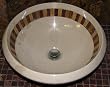 Italian Verona Marble Bathroom Sink with Multi Red Onyx & Inca Gold Mosaic Inlay Above Vessel Installation.