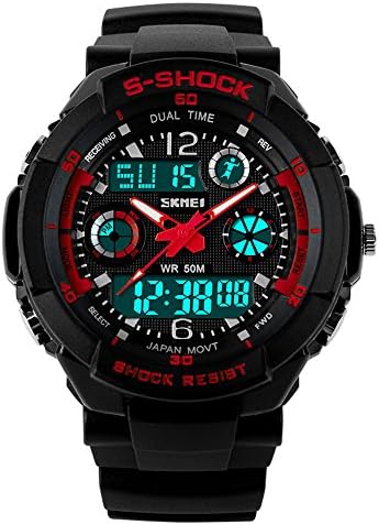 Nuricher S-Shock Mens Fashion Sport Watches Analogue Digital Display Multifunction GMT 50m Waterproof Band Range 16.5-23cm (red)