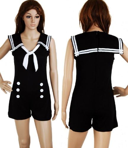 Jumpsuit Black Sailor Nautical 50s Pin up Vintage Retro Rockabilly Women's Playsuit M