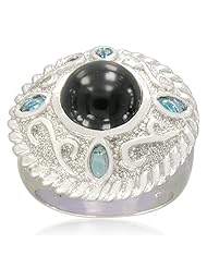 Sterling Silver 10mm Round Shape Black Onyx with Blue Topaz Accents Ring, Size 7