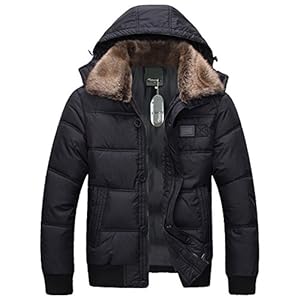 Zicac Mens Winter Casual Thick Fur Collar Coat Cotton Padded Jacket Overcoat (XXL, Black)