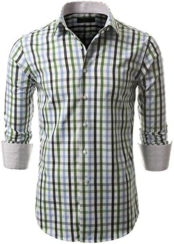 IDARBI Mens Two-Tone Green Plaid Cotton Dress Shirt SMALL