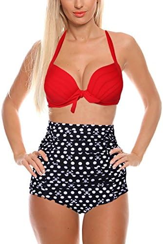 Wenseny High Waist Bikini Sets Top+bottom Red Black-L
